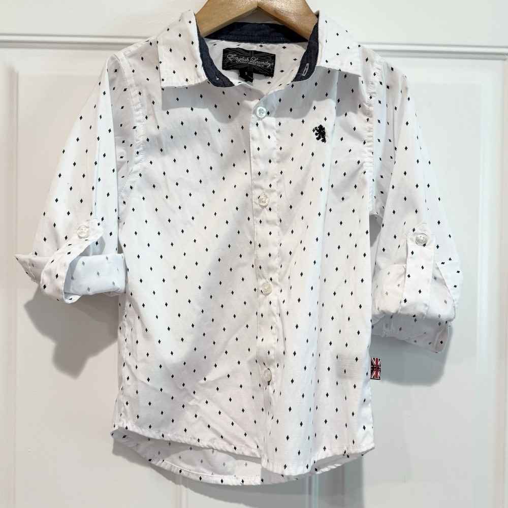 English Laundry Boys 5 Button Up Shirt Roll Tab Sleeves White Navy Diamond Print